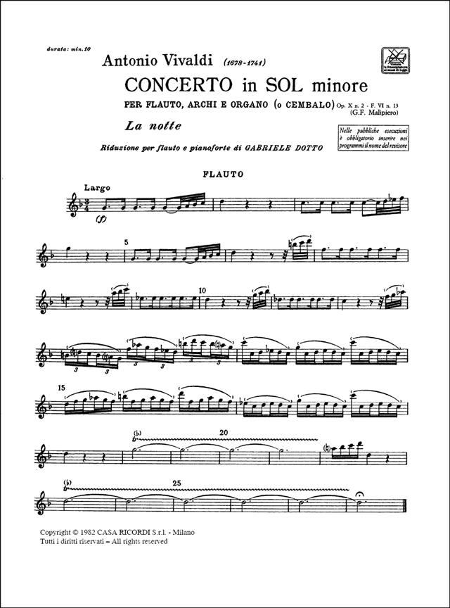 Concerto Per Flauto, Archi e BC - In Sol Min. 'La Notte' Op.X N 2 Rv 439, F.Vi-13  Tomo 455 - příčná flétna aklavír